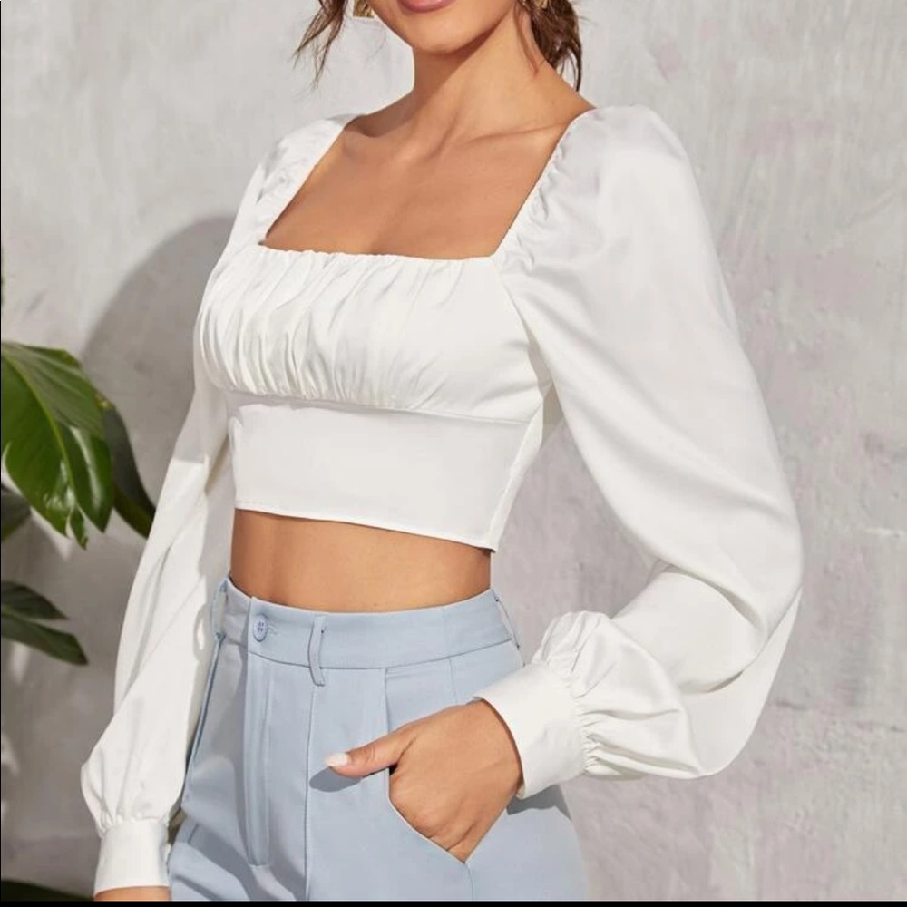 5/$25 Long Puff Lantern Bishop Sleeve Crop Top White Blouse - Picture 5 of 12